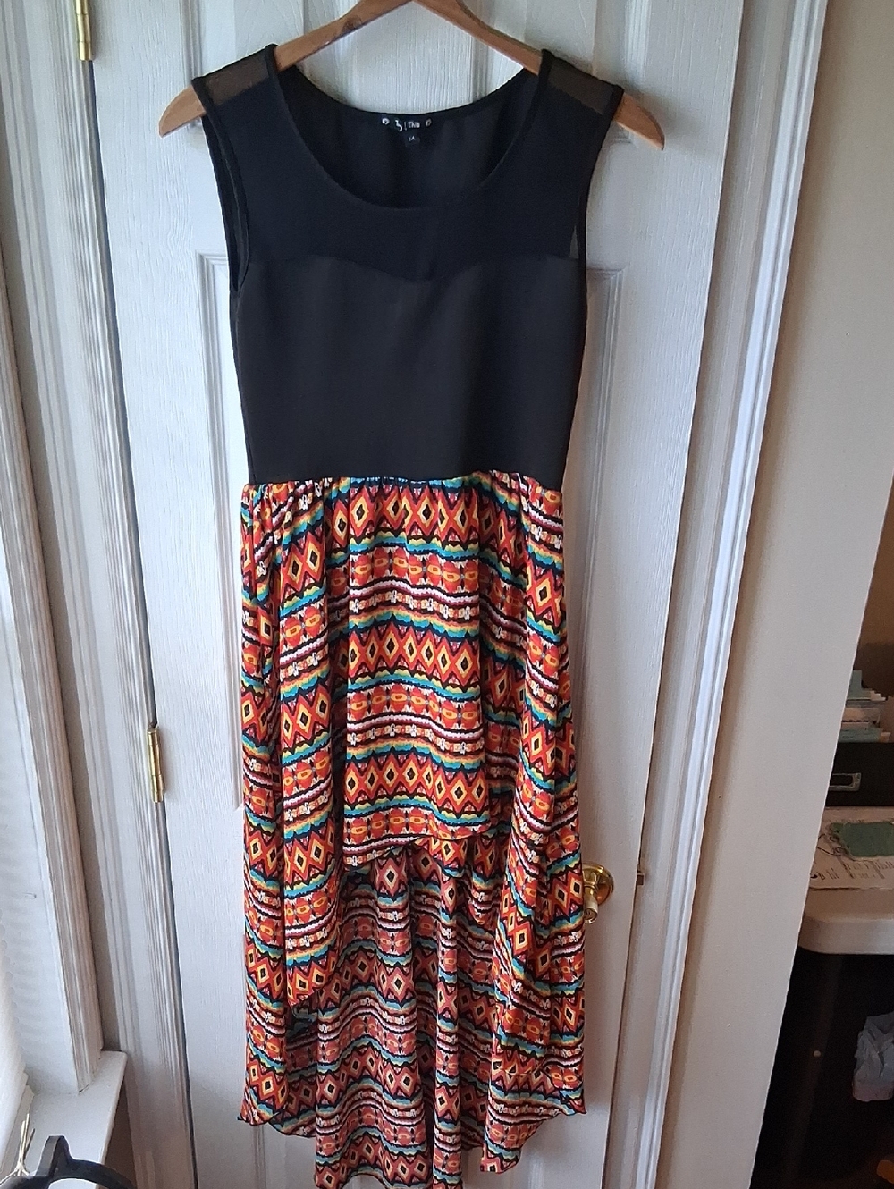 High-Low Dress with Multicolor Aztec Skirt Sheer Shoulder Black Tank Top Dress
